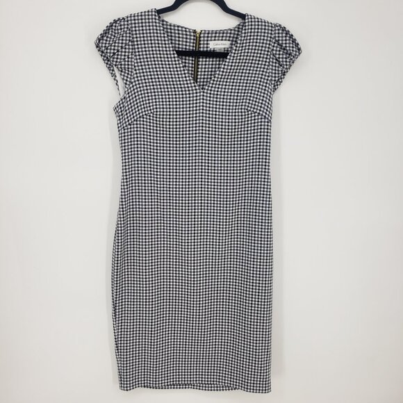 Calvin Klein Gingham Plaid Sheath Dress 8 Cap Sleeves V Neck Black Blue - Picture 1 of 10